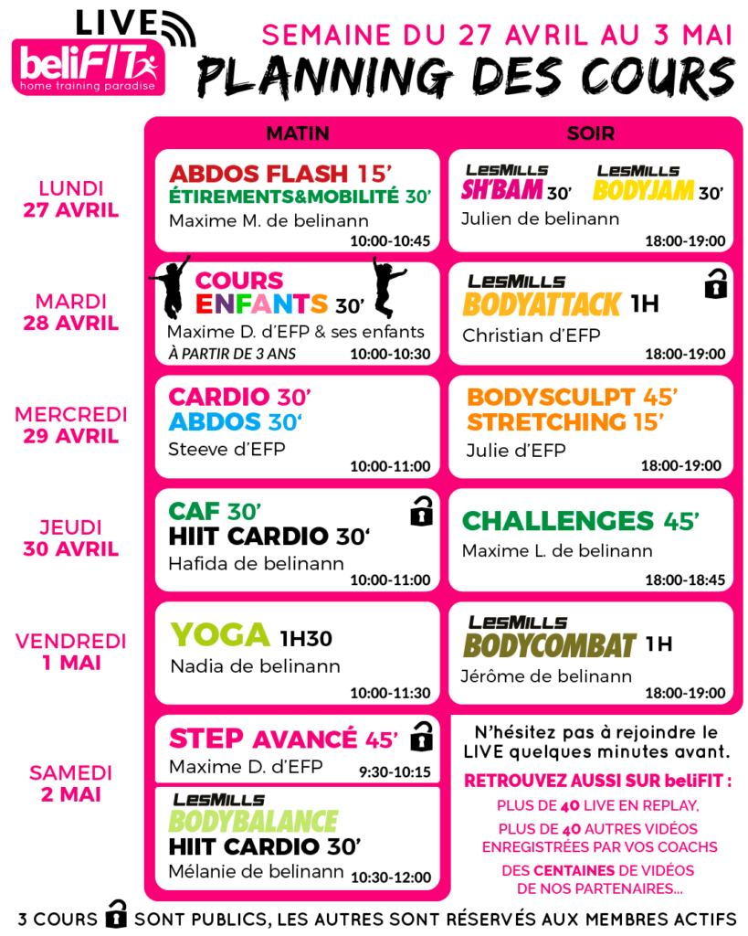 Planning Des Cours BeliFIT LIVE - Du 27/04 Au 03/05 - BeliFIT